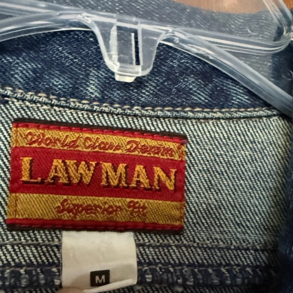 Law Man Vintage Zip Front Lattice Arms Jean Jacket EUC Sz Medium - Picture 3 of 8